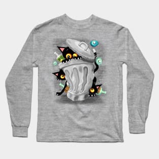 Cats Naughty Characters playing on Garbage Trash Bin Long Sleeve T-Shirt